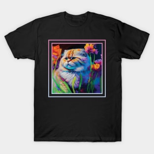 Tiny Tiger Persian Cat Vibrant Tropical Flower Digital Oil Painting Portrait T-Shirt